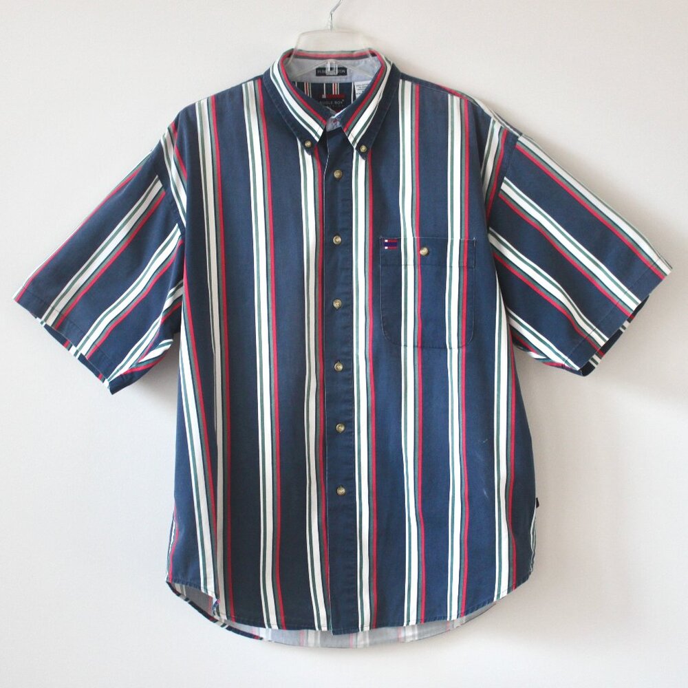Bugle Boy Vintage 100% Cotton Navy Blue Red Stripe Button-Down Shirt Extra Large